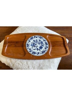 Dolphin Genuine Teakwood Serving Tray with Blue Floral Ceramic Inlay